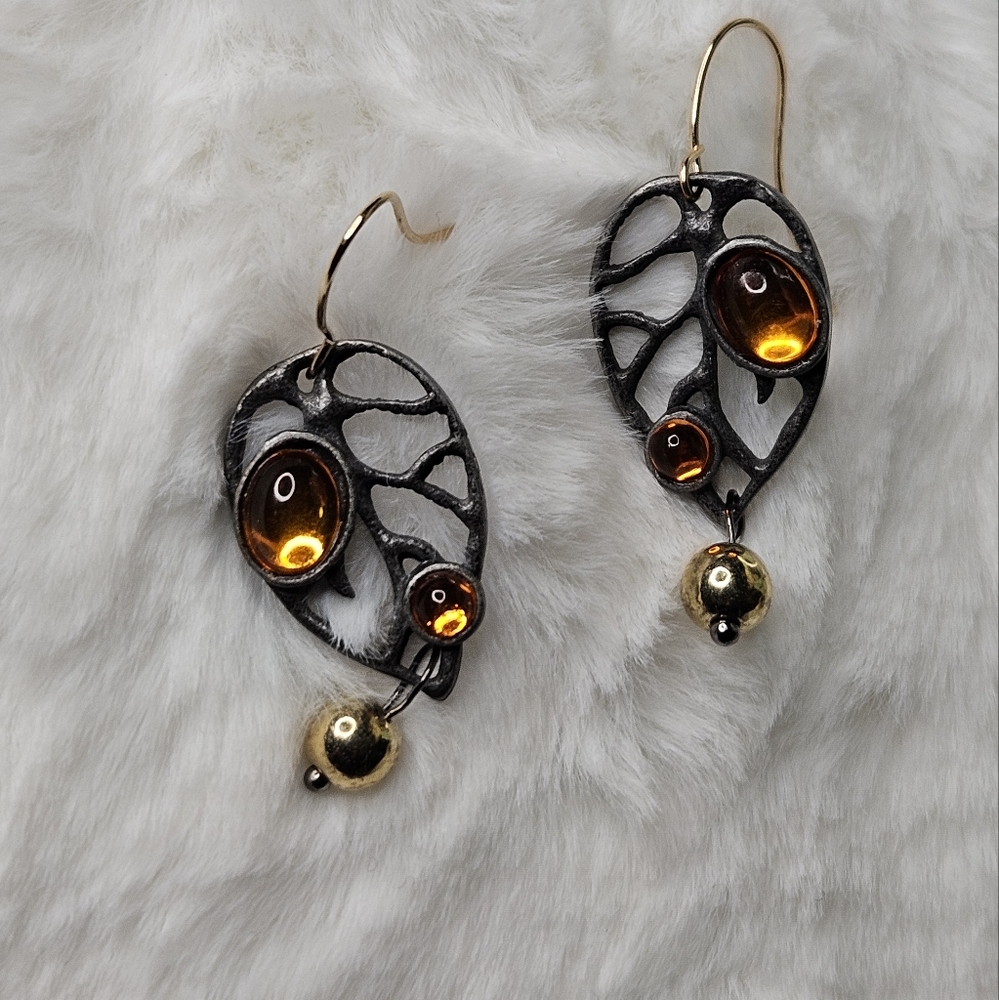 Bohemian Amber Leaf & Gold Earrings